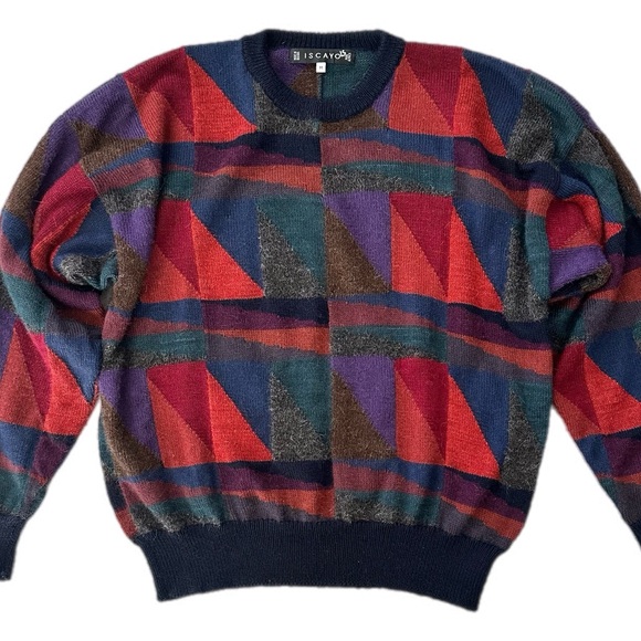 Vintage Sweaters - Vintage Iscayo Alpaca Geometric Multi-color Color-block Pullover Sweater, M